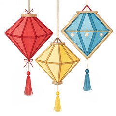 Three Diamond Lanterns Watercolor Illustration, Hanging Decor, Festive Concept, Lantern, Tassel Lanterns, Decorative