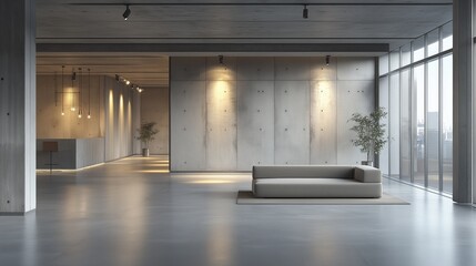 Obraz premium A large, empty room with a couch and two potted plants. The room is very clean and has a modern, minimalist design