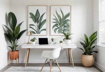 Fototapeta premium Modern Home Office Desk with Plants, Laptop, and White Chair