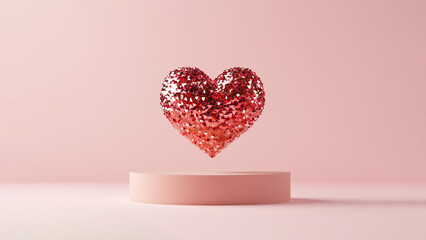 3d floating heart, voxel pixel heart over pink podium