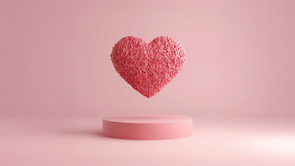 3d floating heart, voxel pixel heart over pink podium