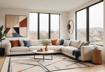 Fototapeta premium Modern Living Room Interior Design with L-Shaped Sofa, Abstract Art, and Large Windows