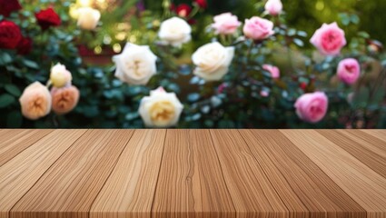 Wooden tabletop with a blurred background of beautiful roses