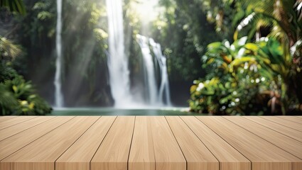 Empty Wooden Tabletop in Front of a Lush Waterfall