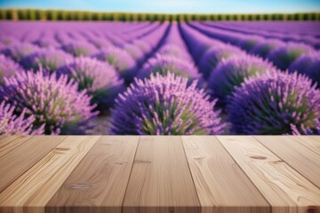 Wooden table top with a blurred lavender field background