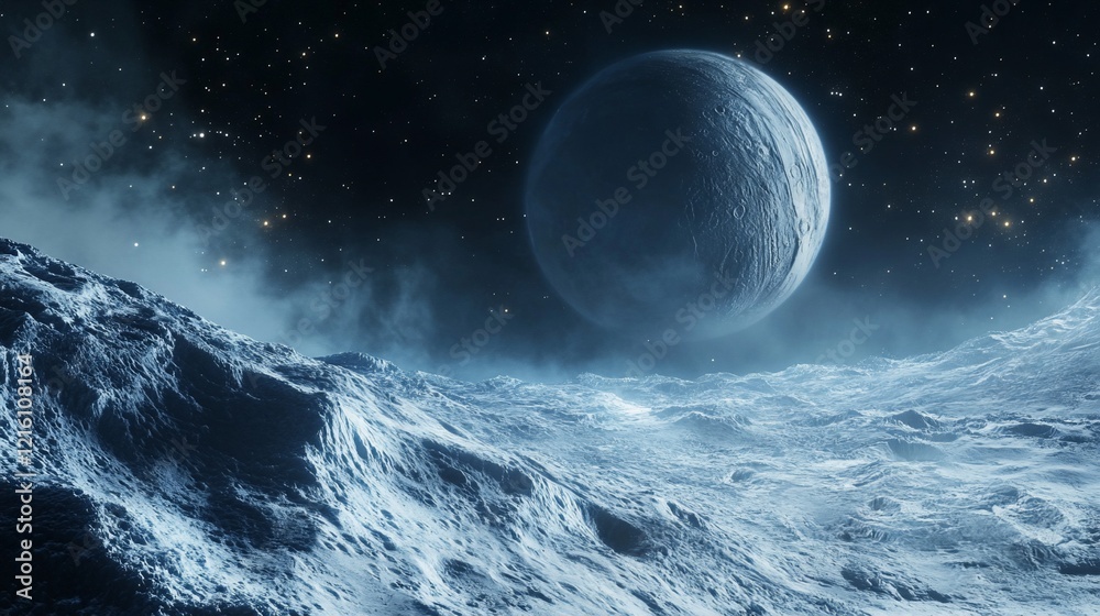 Wall mural a serene view of a distant moon or planet, with its rugged terrain and starry sky creating an ethere