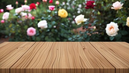 Wooden tabletop with a blurred background of beautiful roses