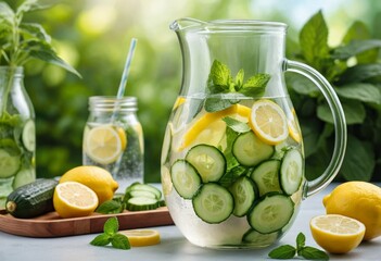 Fototapeta premium Refreshing Cucumber Lemon Mint Infused Water in Glass Pitcher