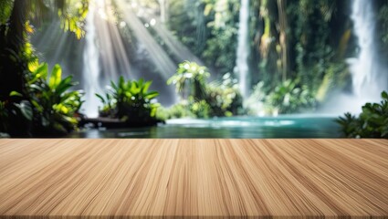 Empty Wooden Tabletop in Front of a Lush Waterfall