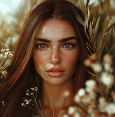 a 24-year-old Ukrainian woman, a warm,sun-kissed skin tone, flawless and smooth complexion without freckles or blemishes,deep, mesmerizing brown eyes,intricate iris, long, thick, curled eyelashes.