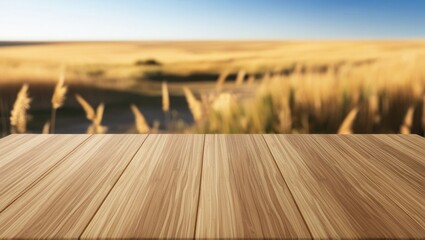 Empty Wooden Tabletop Awaits in a Golden Wheat Field
