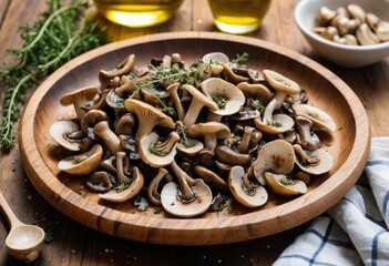 Fototapeta premium Savory Roasted Mushrooms with Thyme on Rustic Wooden Plate, Gourmet Food Photography