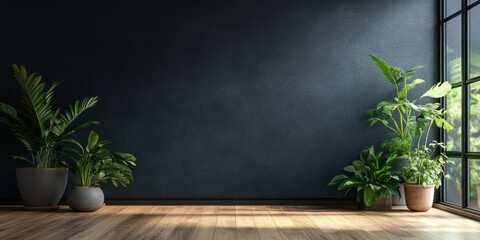Dark wall room plants interior design mockup