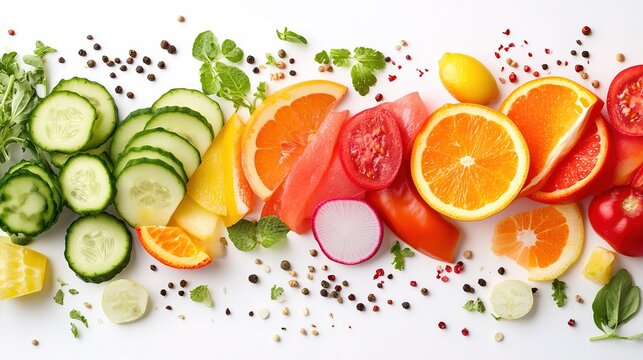 Colorful Sliced Fruits and Vegetables on White Background - Photo
