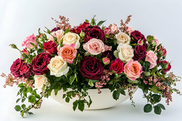 A mix of hybrid tea and floribunda roses in a floral arrangement