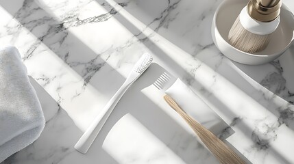 A toothbrush and a toothpaste tube placed on a marble bathroom countertop