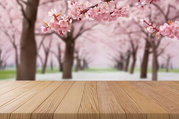 Empty Wooden Tabletop with Cherry Blossom Trees in Spring