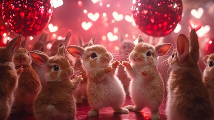 Bunnies dancing joyfully at a valentine’s day party indoor celebration cute animals