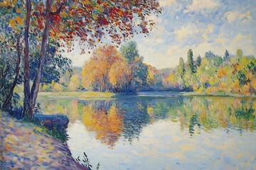Autumnal River Scene, Vibrant Impressionistic Painting
