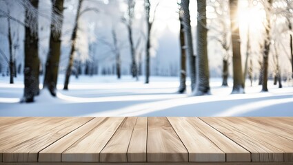 Wooden table in snowy winter forest background