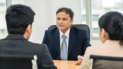 Indian HR Manager Conducting Performance Appraisals - An Indian HR manager discussing performance appraisals with employees in an office meeting.	
