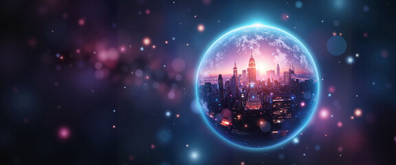 Surreal floating planet with vibrant city landscapes, cosmic wonder