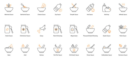 Sauce Vector Icon Set: Marinara, Bechamel, Cheese, Soy, Teriyaki, Hot, Ketchup, Alfredo, Hoisin, Chimichurri, Gravy, Ranch Dressing, Mayonnaise, Thousand Island, Oyster, Pesto, Salsa, Aioli, Harissa 