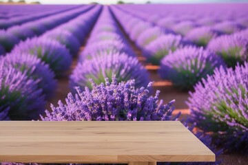 Wooden table top with a blurred lavender field background