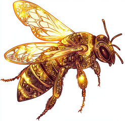 beautifully detailed bee with glittering gold pattern, showcasing intricate designs and vibrant colors. This artistic representation highlights elegance and importance of bees in nature
