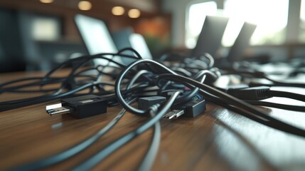 A table full of tangled wires and cords