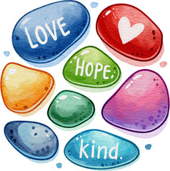 Watercolor illustration of colorful stones inscribed with words like “Love,” “Hope,” and “Kind,” symbolizing positivity and inspiration.