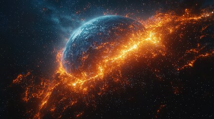 Obraz premium Fiery Cosmic Collision: A Planet's fiery Demise in the Vastness of Space