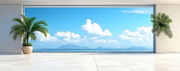Coastal view from modern room; plants, sea, sky, mountains. Luxury real estate