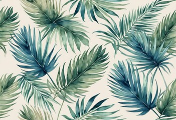 Fototapeta premium Watercolor Tropical Palm Leaves Seamless Pattern, Lush Greenery Botanical Illustration for Textile Design