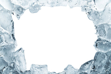 Frame made of blue ice with empty center, isolated on transparent cutout background