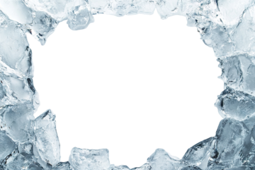 Frame made of blue ice with empty center, isolated on transparent cutout background