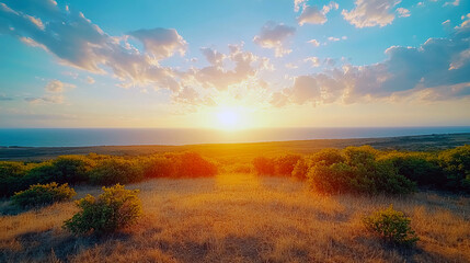 Fototapeta premium Majestic Sunset Over the Ocean: A Serene Coastal Landscape Photography