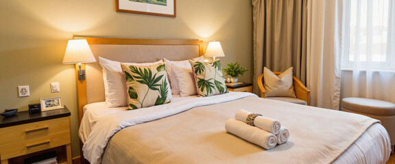Cozy bedroom with tropical cushions and warm lighting, modern design