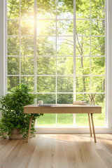 Fototapeta premium Desk near large window overlooking lush green garden; sunlight streams in. Ideal for home office, calm workspace