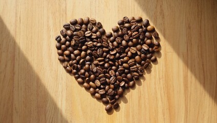 Coffee Love: A heart-shaped arrangement of roasted coffee beans on a warm wooden surface, bathed in soft sunlight. The simple yet evocative image suggests a love for coffee and its comforting aroma.