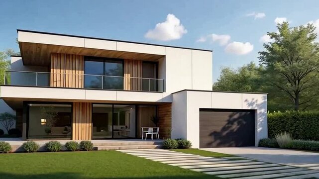Modern architecture, contemporary house, wooden siding, white panels, large windows, flat roof, minimalist design, landscaped garden, green lawn, trees in background