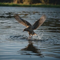 Fototapeta premium Write about a bird taking off from a quiet pond, the ripples on the water fading behind it.