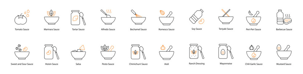 Sauce Vector Icon Set: Tomato, Sweet and Sour, Marinara, Hoisin, Tartar, Salsa, Alfredo, Pesto, Bechamel, Romesco, Soy, Teriyaki, Peri-Peri, Barbecue, Chimichurri, Aioli, Ranch Dressing, Mayonnaise 