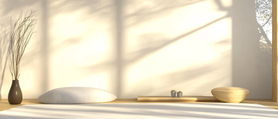 Relaxing minimalist interior with natural light and simple decor in a serene setting