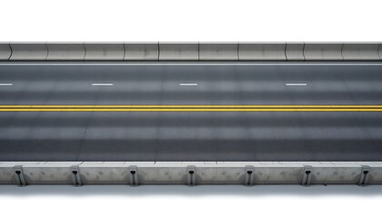 Obraz premium High-angle view of a highway with concrete barriers, asphalt road surface, and yellow dashed lines, isolated on white background