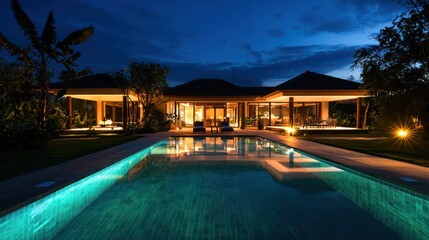 Obraz premium Luxury house with a swimming pool beautifully illuminated at night