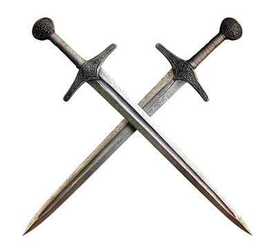 Two crossed medieval swords, isolated on transparent cutout background