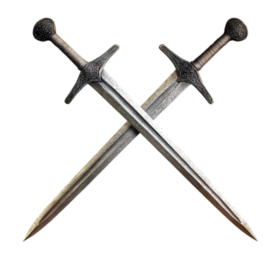 Two crossed medieval swords, isolated on transparent cutout background