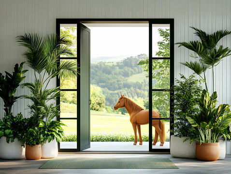 Horse stands at open door of modern home, green hills background; real estate, interior design