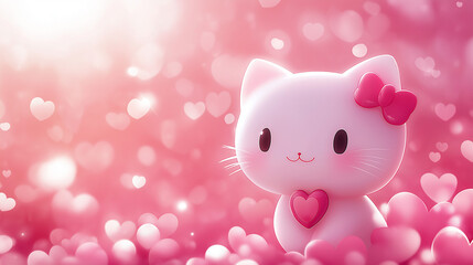 A pink, animated kitten with a bow rests in a field of hearts